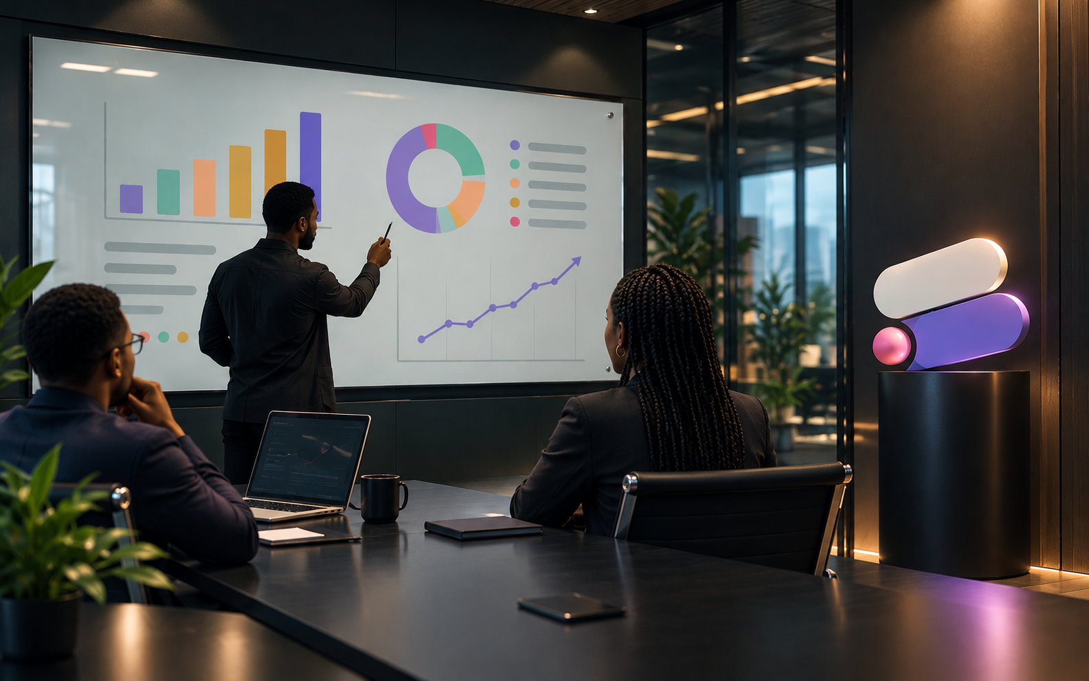 Cinematic modern conference room featuring the Bloomotive 3D brand mark and abstract business charts